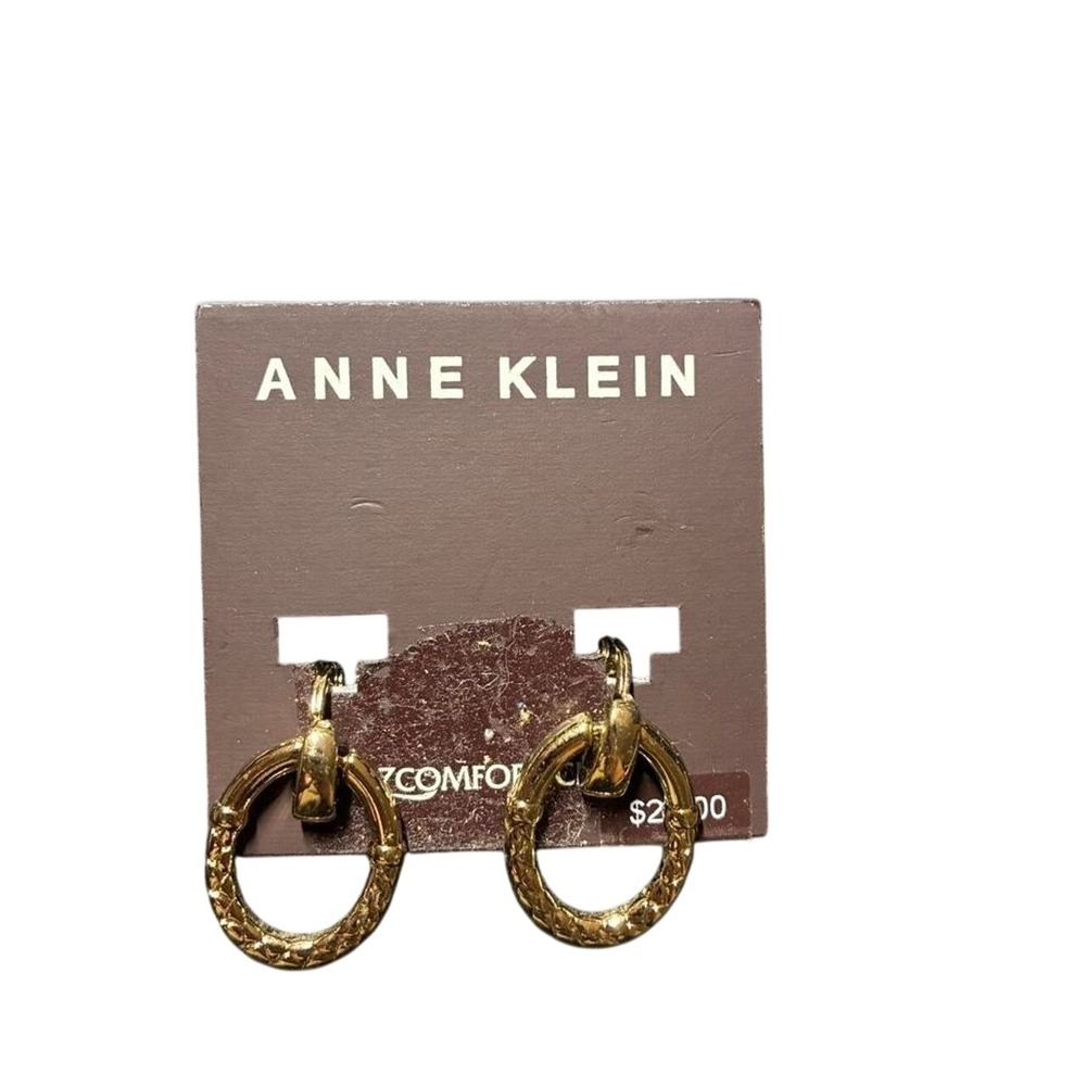 Anne Klein Gold Tone Textured Hoop Clip On Earrings New Door Knocker Style